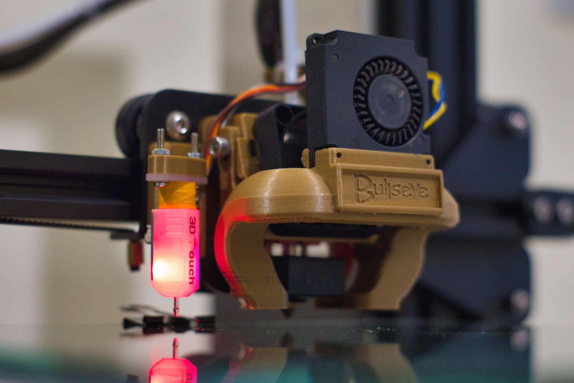 3D printer print head and cooling fan in close-up