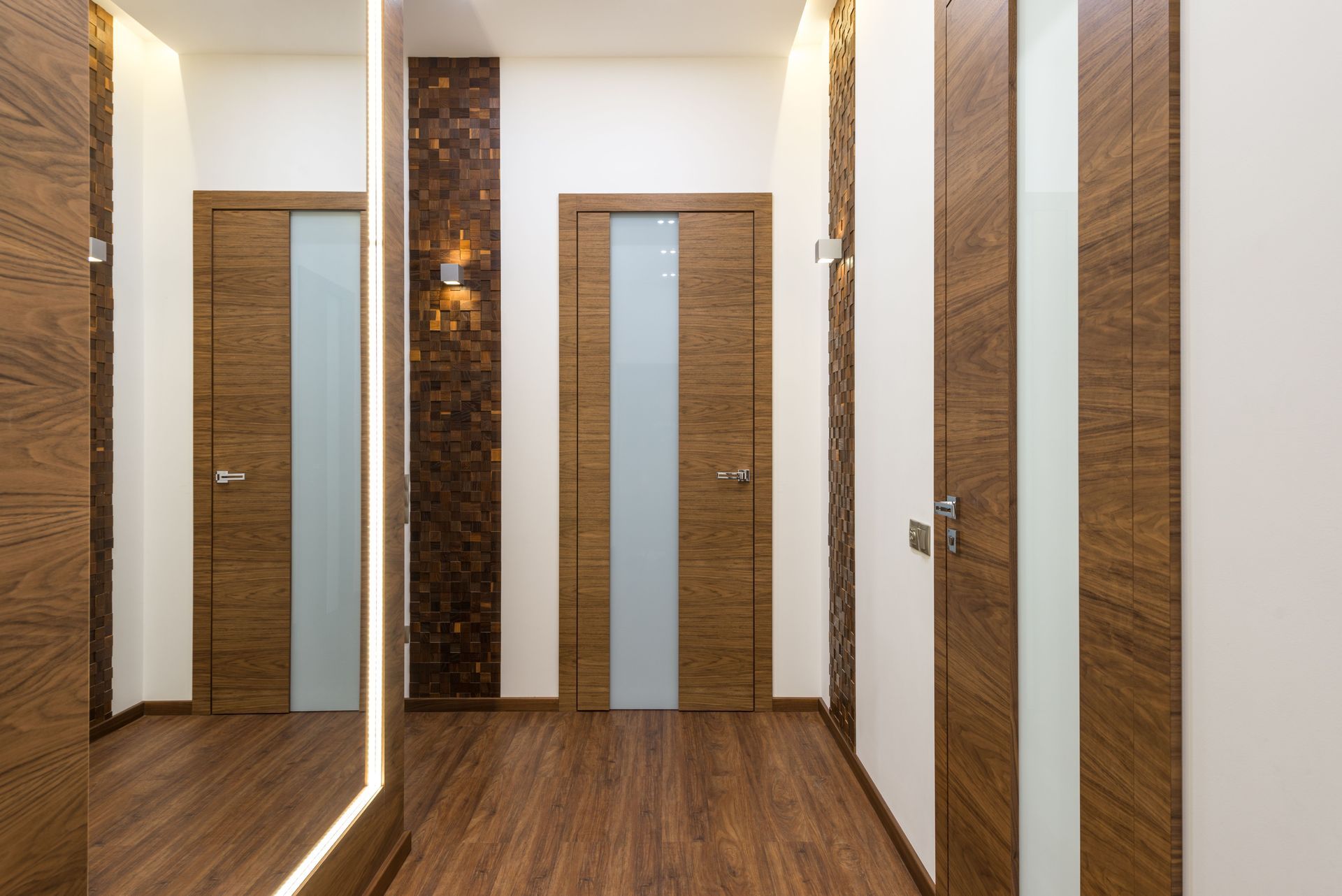 Hallway with timber-finish internal doors and frames