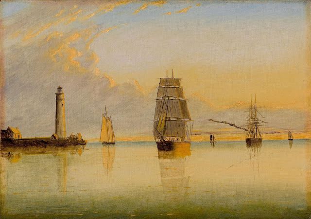 A painting of sailboats in the ocean with a lighthouse in the background.