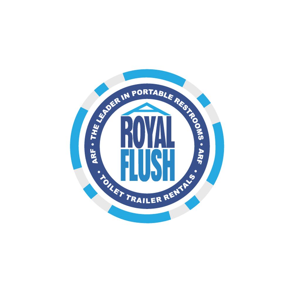 The logo for royal flush toilet trailer rentals is a poker chip.