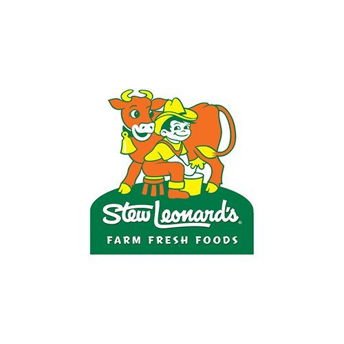 The logo for stew leonard 's farm fresh foods shows a boy standing next to a cow.