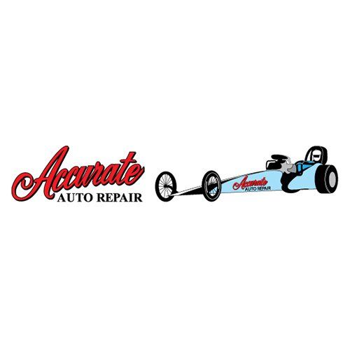 A logo for accurate auto repair with a dragster on a white background.