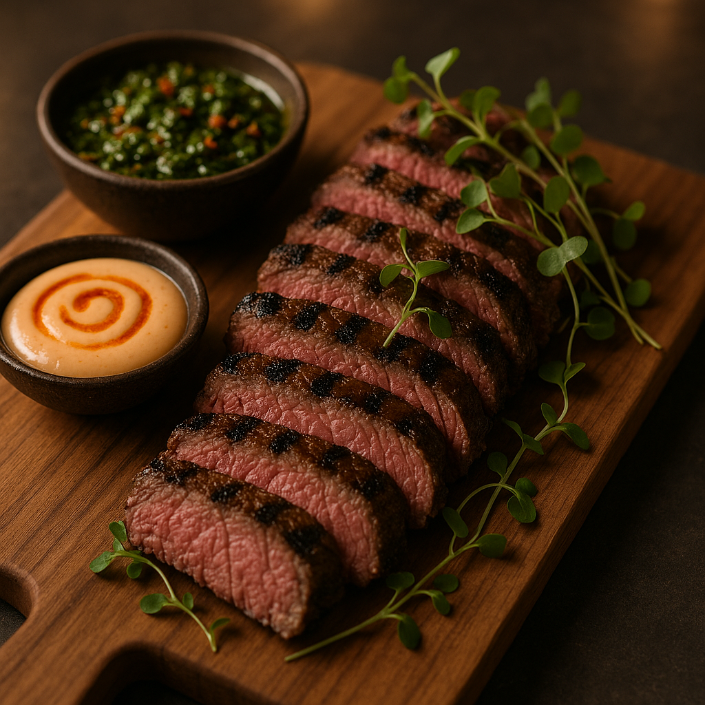 Sliced grilled steak on a wooden board with chimichurri and aioli, garnished with microgreens.