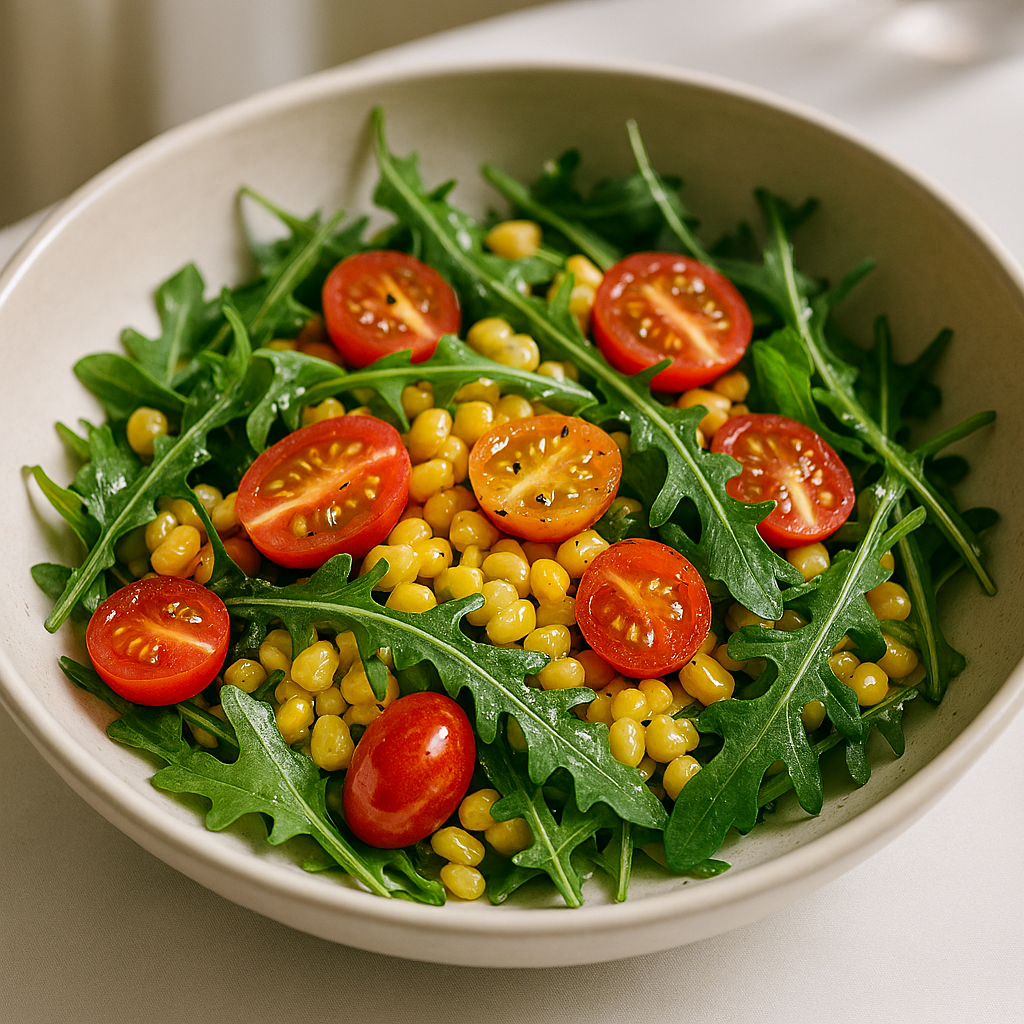 A bowl of salad with arugula, cherry tomatoes, and couscous.