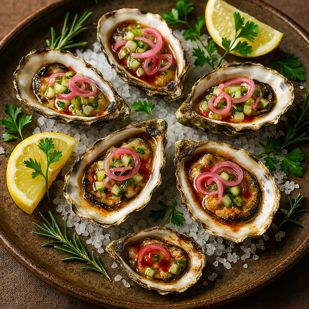 Oysters on the half shell with a relish topping, served on a bed of salt, garnished with lemon and herbs.