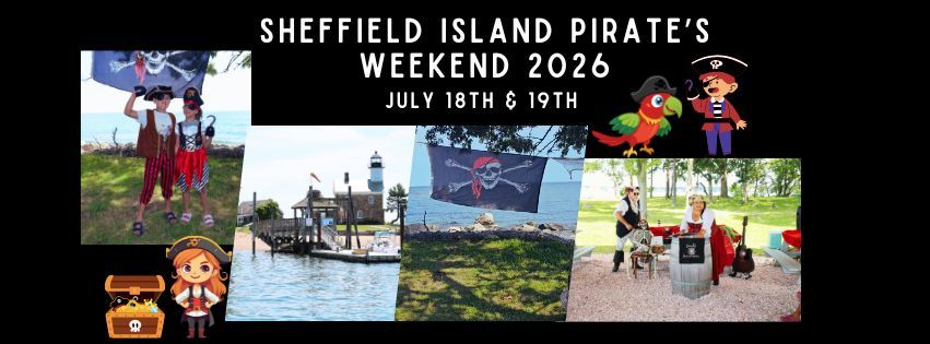 Sheffield Island Pirate’s Weekend 2026 event banner with pirate graphics and waterfront photos