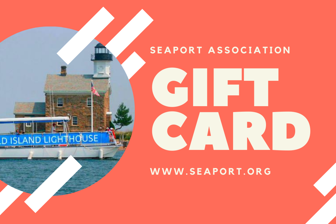 A gift card for the seaport association with a picture of a lighthouse