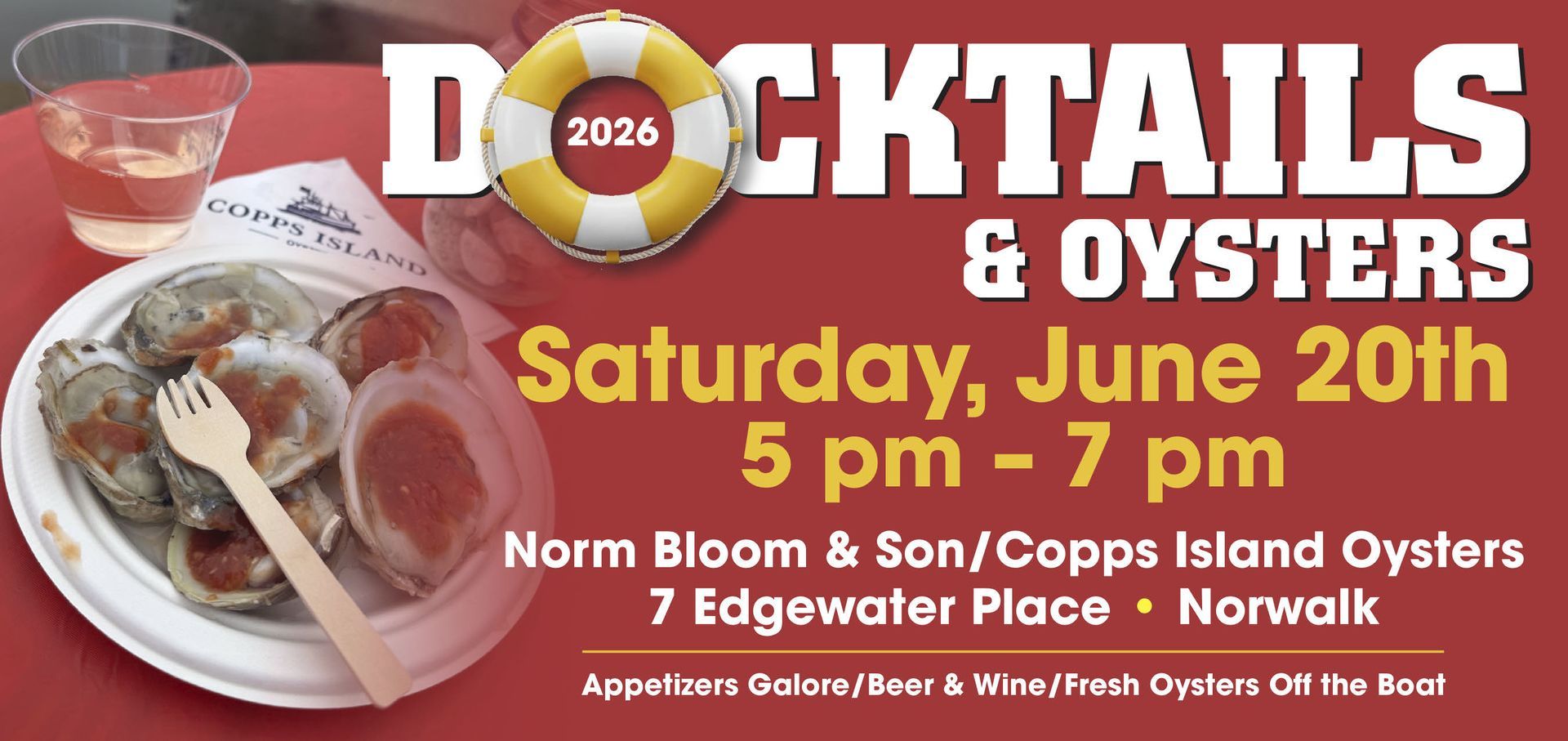A poster for docktails and oysters on saturday june 20th