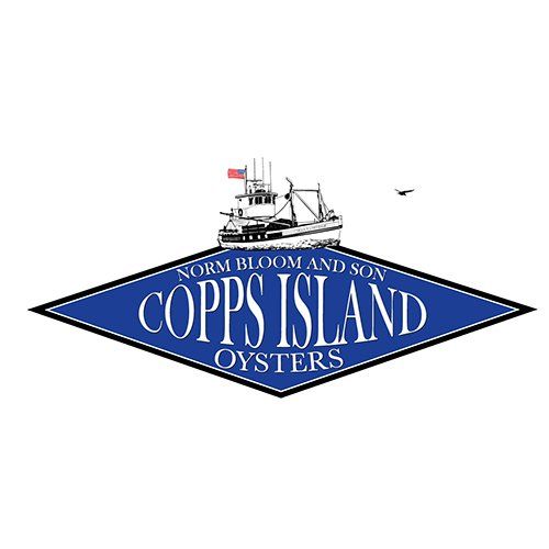 The logo for copps island oysters shows a boat with a flag on top of it.