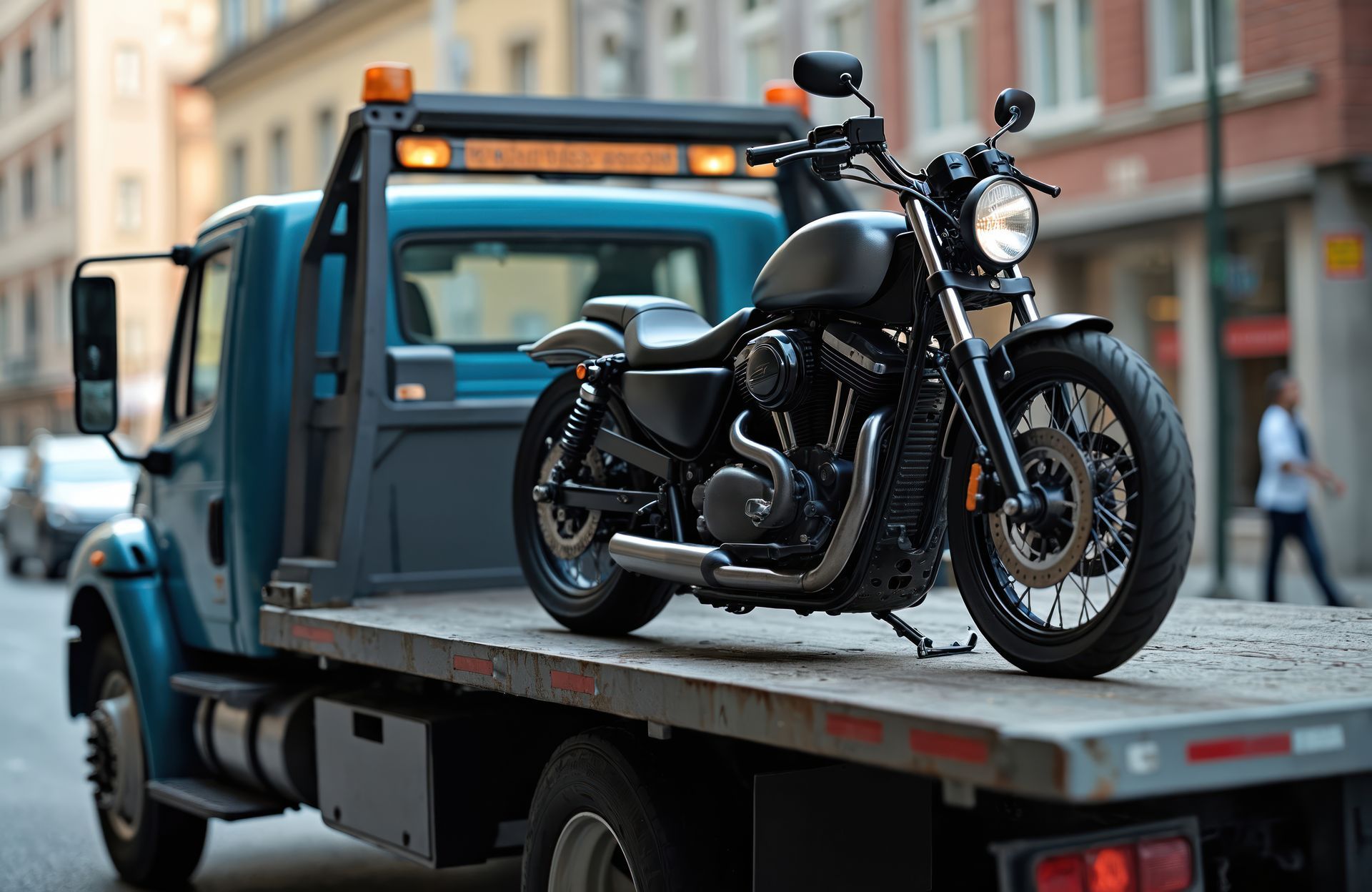 Tow truck transports motorcycle on city street.