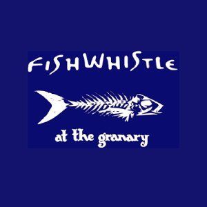 A fish whistle at the granary logo on a blue background
