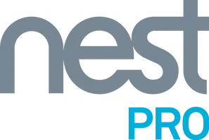 The nest pro logo is gray and blue on a white background.