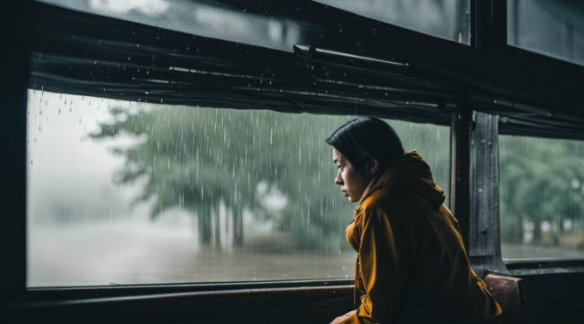 一位望著窗外看著下雨天的失落女性