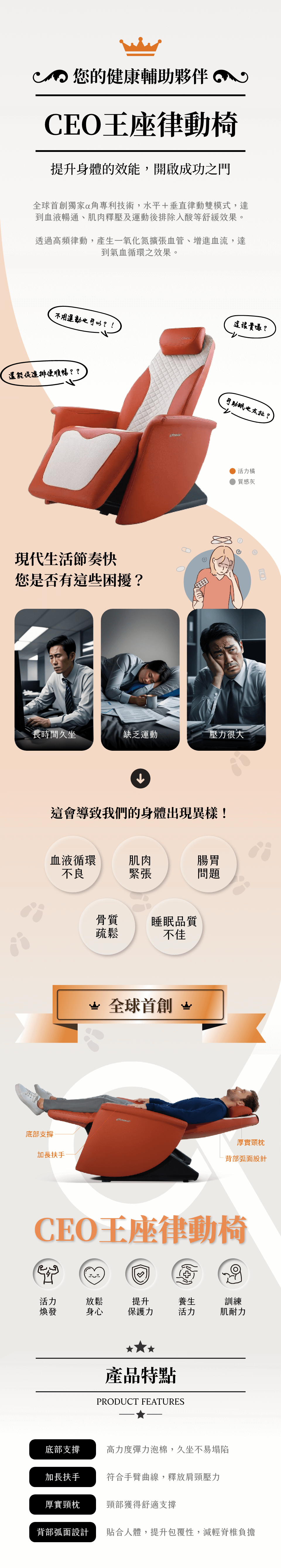 一張律動椅的傳單,與功能解說。