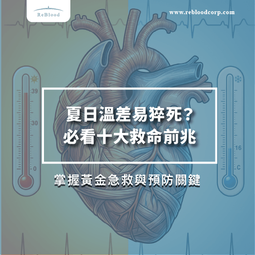 藍色背景上的心臟插圖與體溫計，中字提示夏日溫差猝死與黃金急救、預防腦梗
