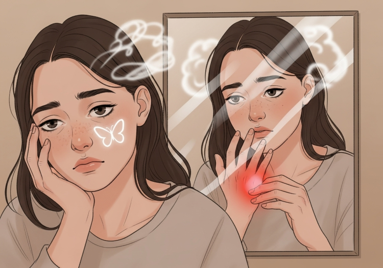 一名女性正受自體免疫疾病常見症狀所苦，鏡中倒影顯示臉頰的蝴蝶斑、關節疼痛與全身性疲勞，呈現需要進行檢測的警訊。