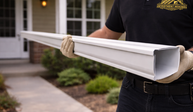 A worker in a black shirt and gloves carries a long white gutter section in front of a house.