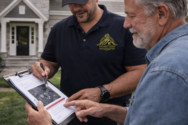 A professional in a branded polo shirt shows a clipboard with a site map to a homeowner in front of a suburban house.