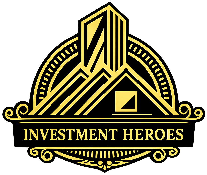 Gold and black logo featuring an architectural structure and the text "INVESTMENT HEROES" in a classic serif font.