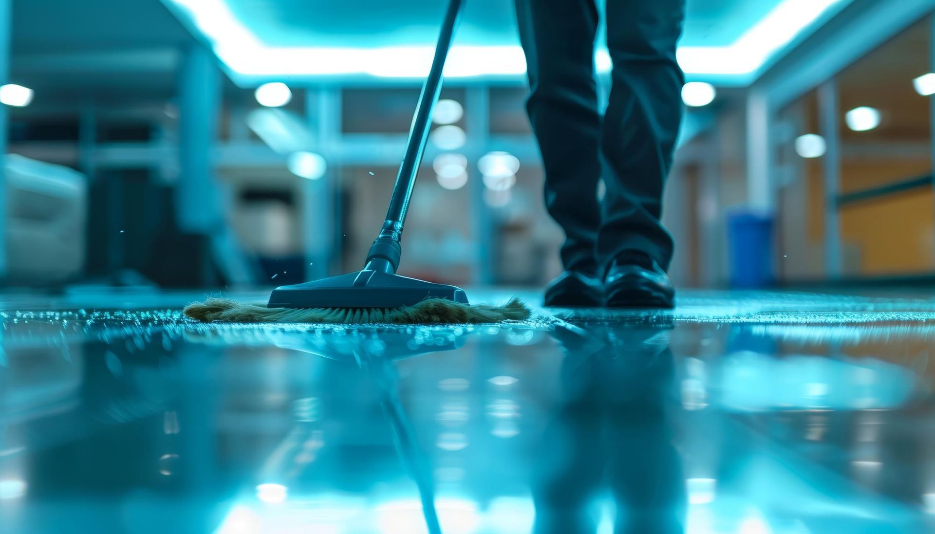 A person is cleaning the floor with a mop and vacuum cleaner.