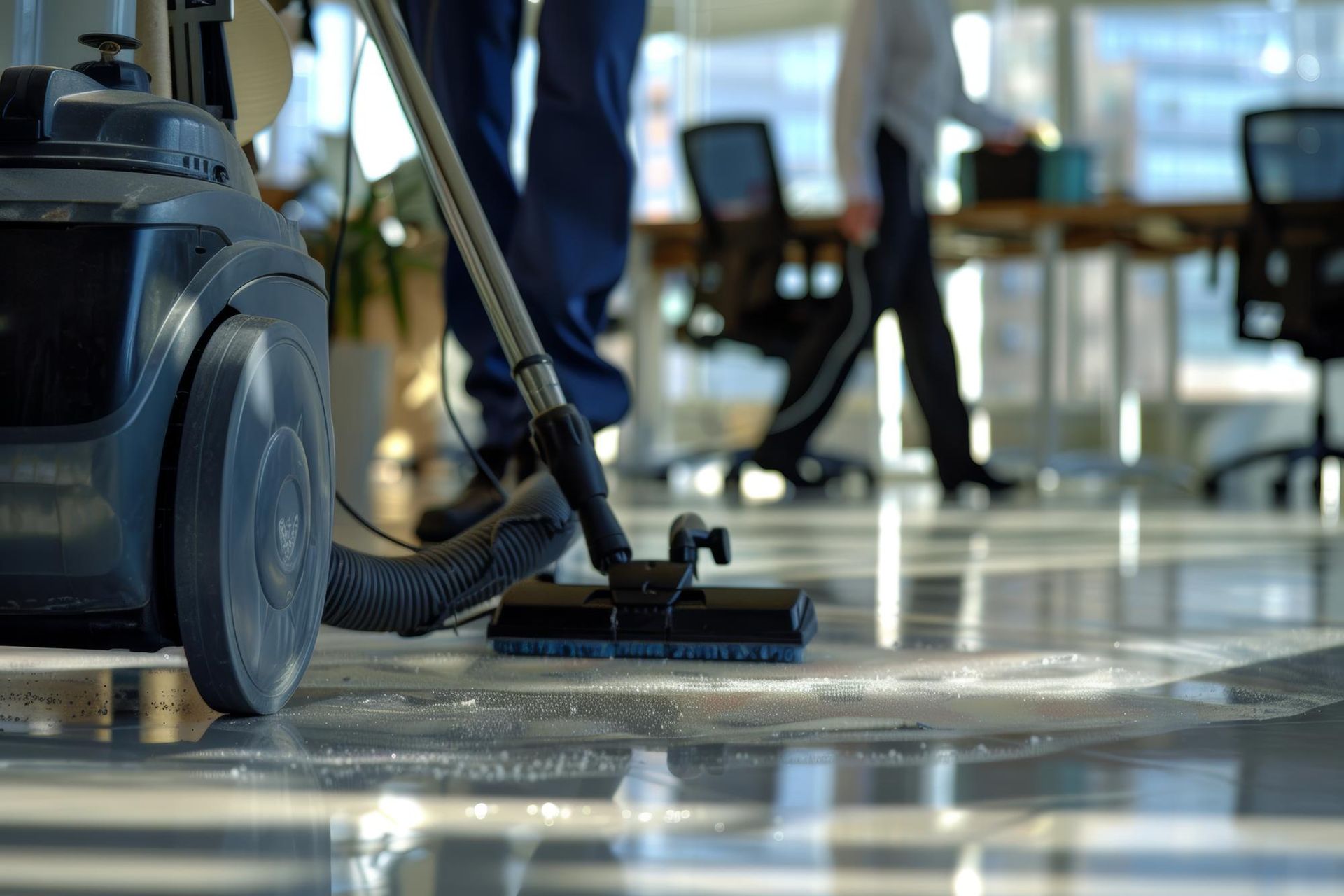 A man is using a vacuum cleaner to clean the floor of an office.