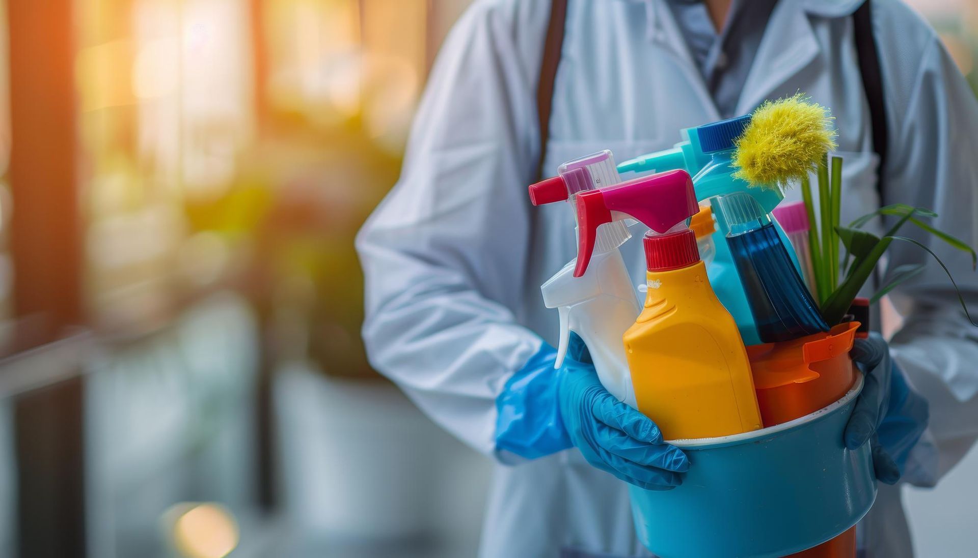 A person in a lab coat is holding a bucket of cleaning supplies.