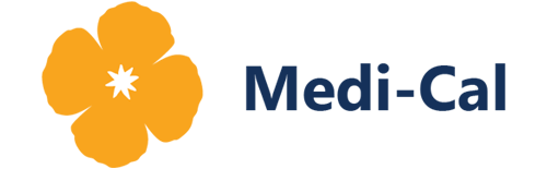 Medi-Cal logo with an orange flower icon and navy blue text on a white background