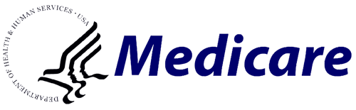 Medicare logo with blue text and a black abstract emblem on white background