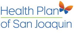 Health Plan of San Joaquin logo with blue text and multicolored butterfly icon