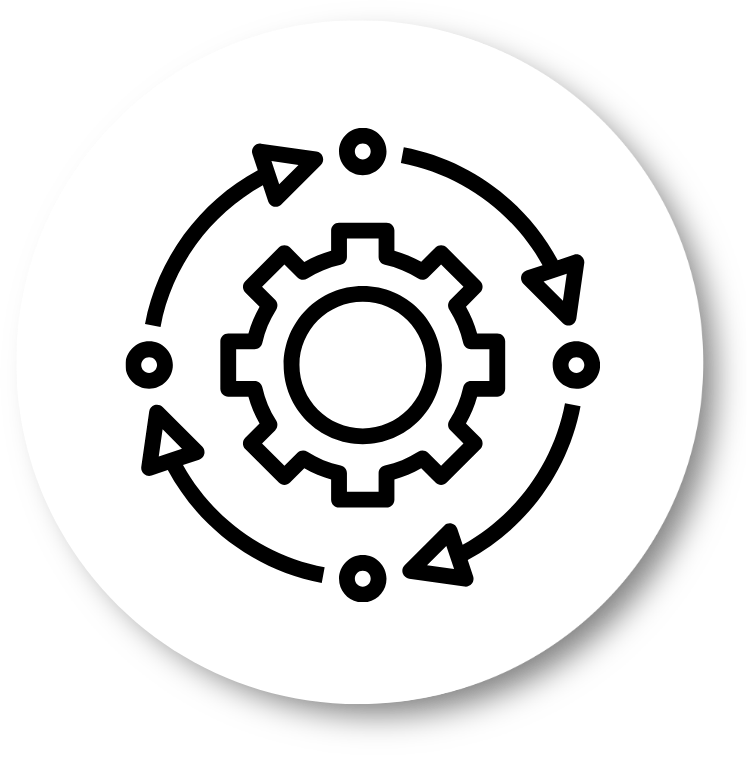 Zwart tandwielpictogram met cirkelvormige pijlen eromheen, dat een continu proces of werkproces symboliseert.
