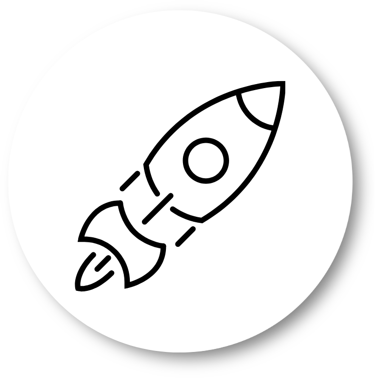 Zwarte lijntekening van een raketicoon op een witte cirkelvormige achtergrond.