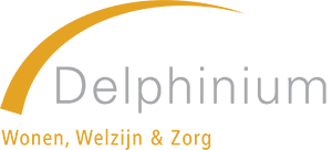 Delphinium logo with orange arc and grey text, “Wonen, Welzijn & Zorg” in orange
