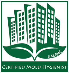 Green logo with stylized buildings and leaves, labeled "CERTIFIED MOLD HYGIENIST" and "NAERMC".
