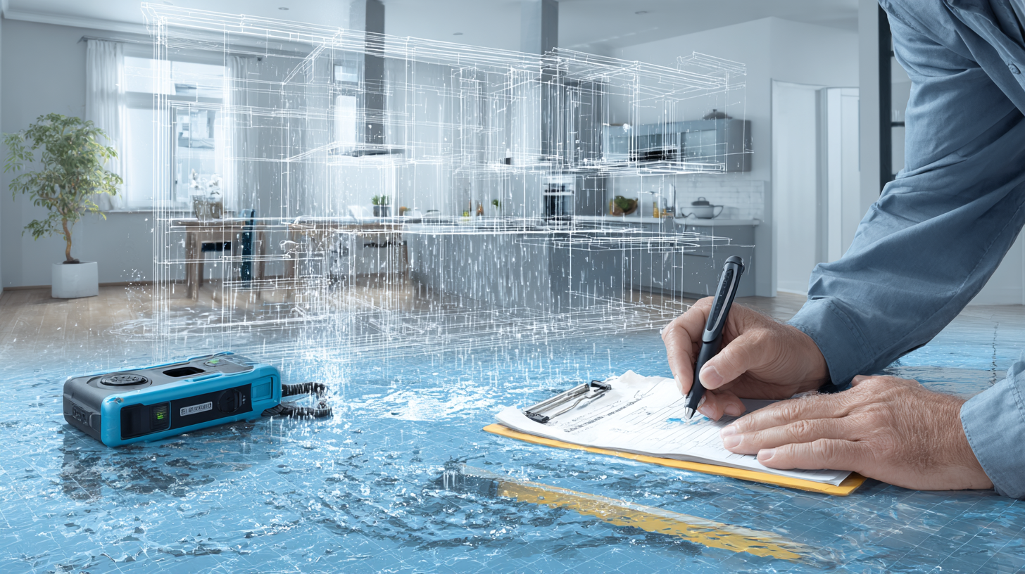 A person assesses water damage in a flooded kitchen, writing on a clipboard with a leak detection device visible.