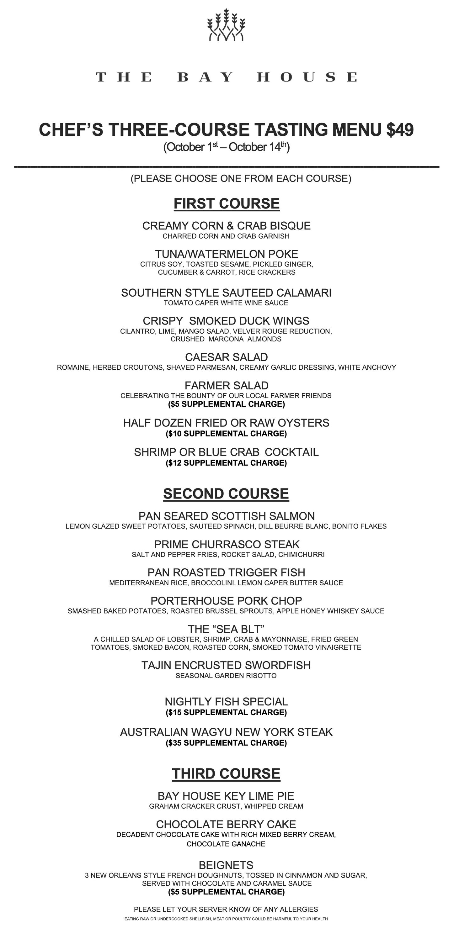 Chef's Three Course Tasting Menu at the Bay House