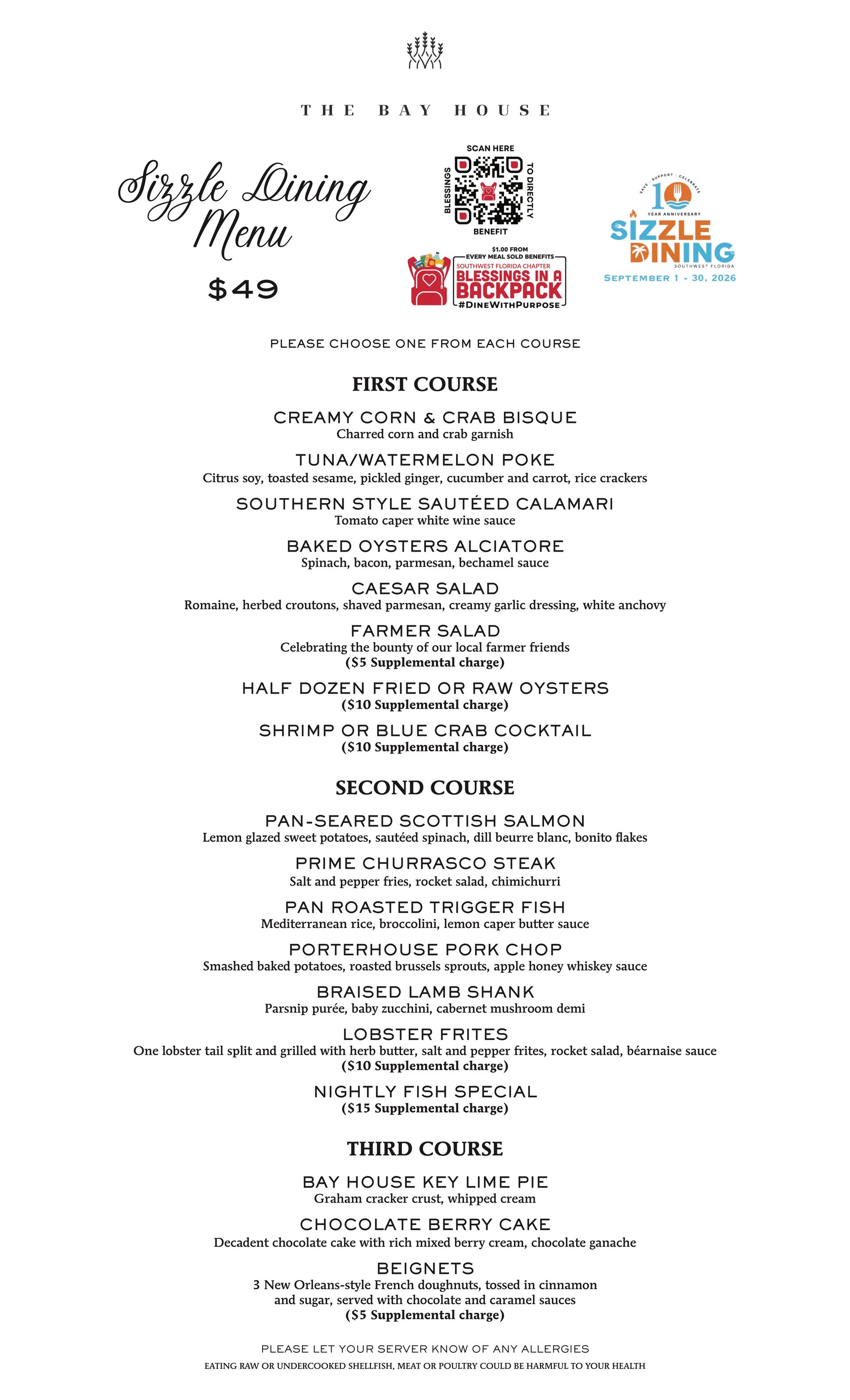 Bay House Naples Sizzle Dining Menu 2026