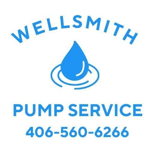 Logo for Wellsmith Pump Service: blue water drop above blue text, 