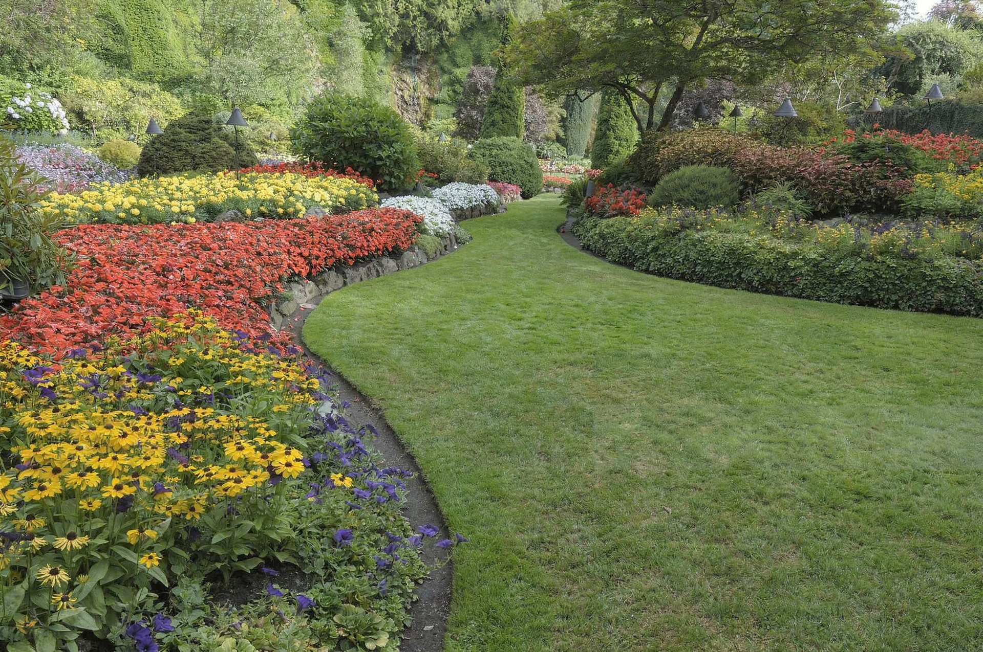 Maintained green lawn and colorful flower beds at a Conroe, Texas landscape by QHR Lawn Care & Lands