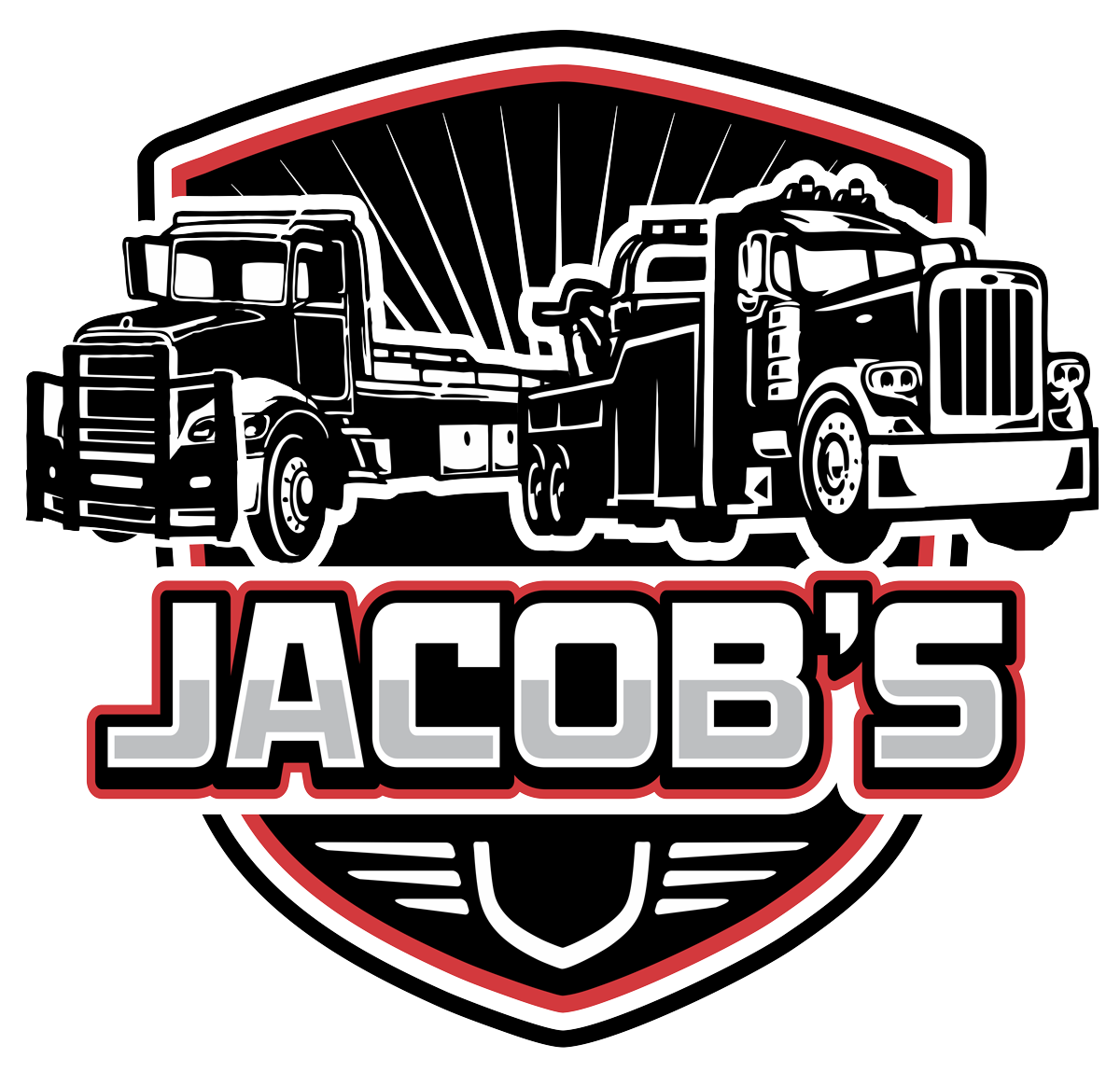 Jacob's Towing logo: Two tow trucks inside a shield, with "JACOB'S" text.