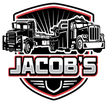 Jacob's Towing logo: Two tow trucks inside a shield, with "JACOB'S" text.