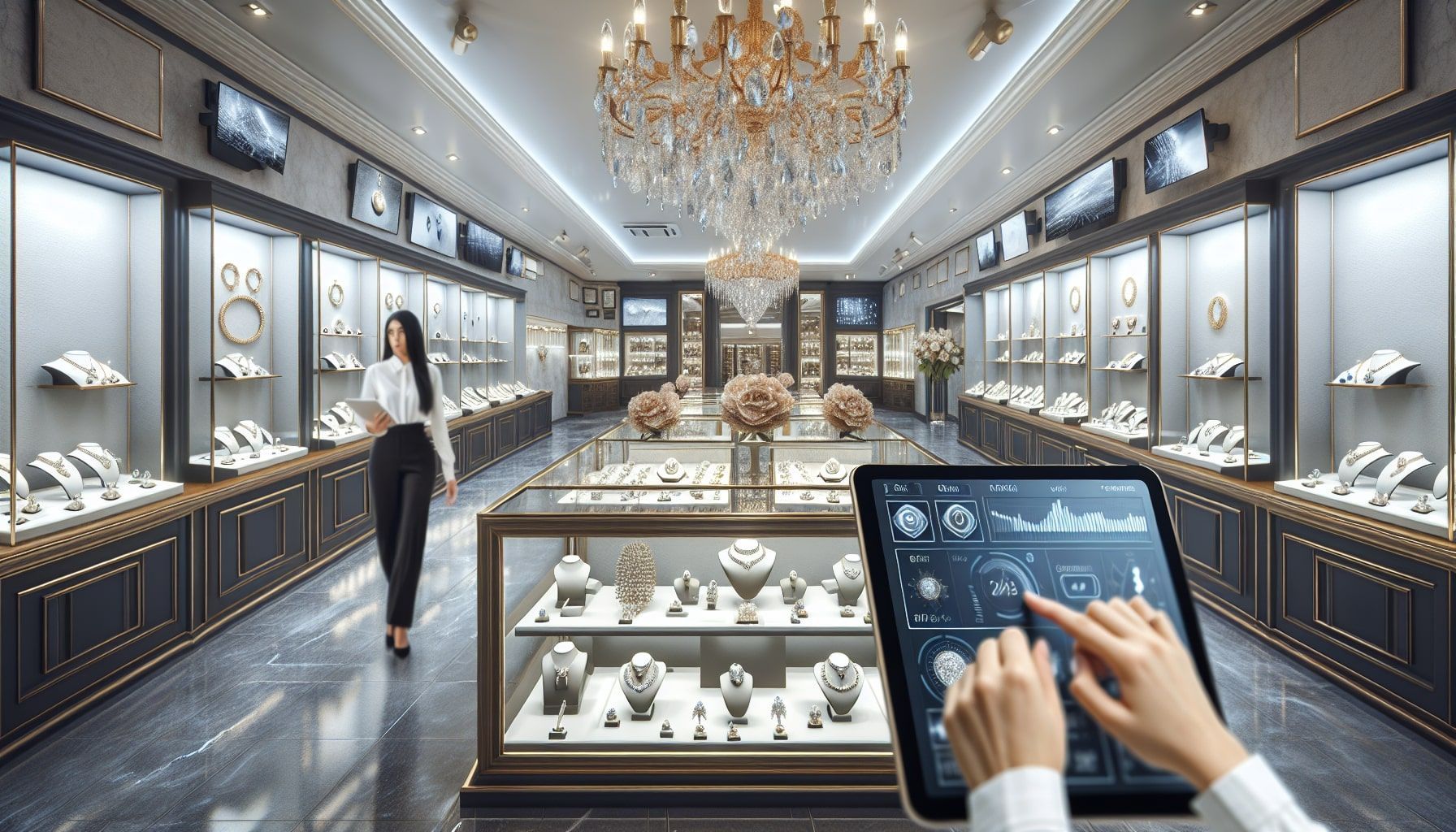 A photo-realistic landscape image depicting a luxury jewelry store interior with high-end displays showcasing sparkling jewelry items like diamonds and gold pieces. The store is well-lit, creating an inviting atmosphere. In the foreground, a jeweler is conducting an inventory check, using a digital tablet to manage stock levels. In the background, security cameras are visibly placed around the store, adding a sense of security. The decor is minimal and elegant, reflecting the theme of loss prevention and effective inventory management, relevant to jewelers aiming to minimize inventory loss.