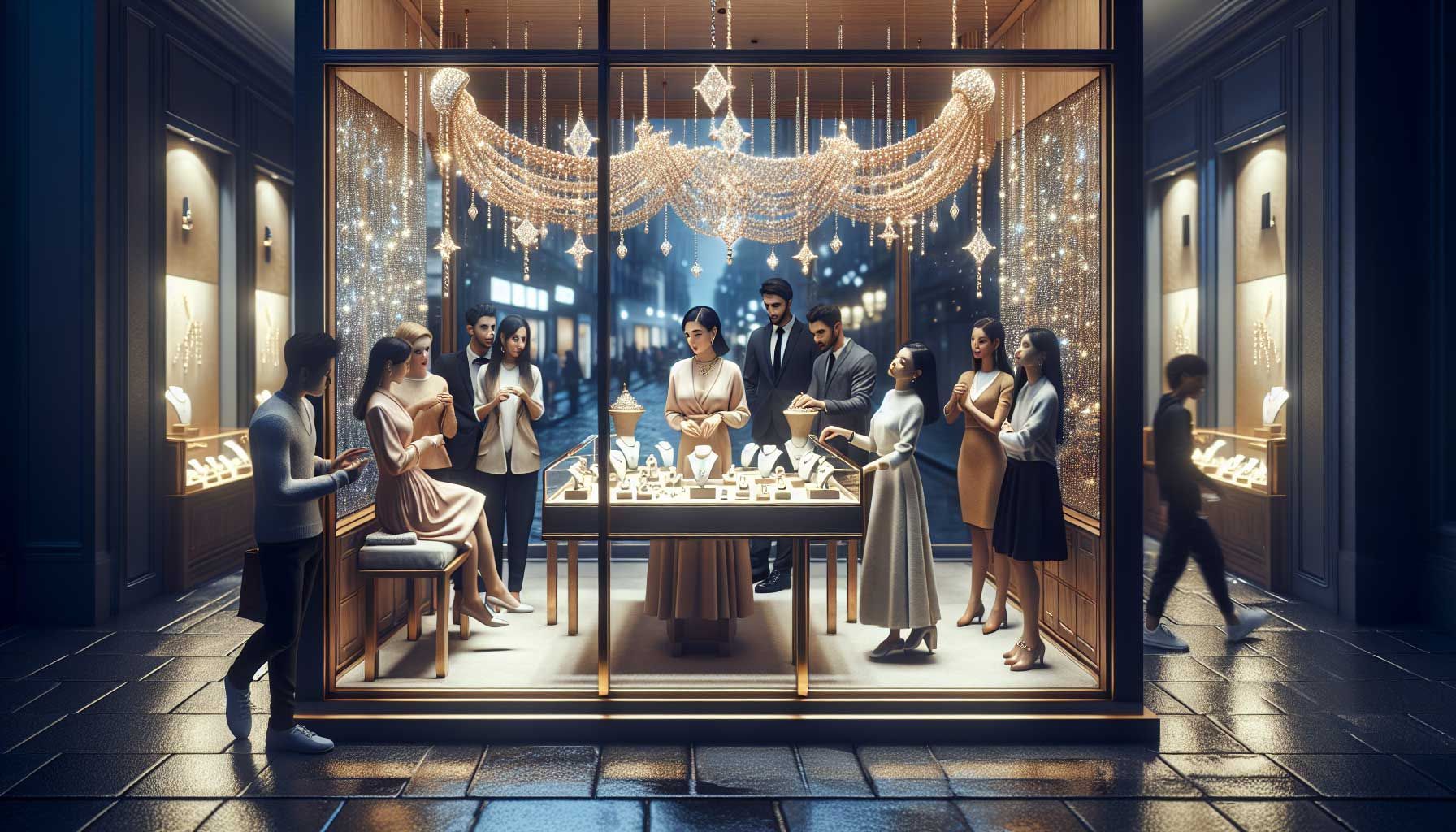 Una joyer&iacute;a bellamente organizada con una vitrina llamativa que exhibe una variedad de elegantes collares, anillos y pulseras bajo una suave iluminaci&oacute;n. El interior de la tienda es c&aacute;lido y acogedor, con exhibidores de madera pulida, personal amigable asistiendo a los clientes y m&uacute;sica suave de fondo. Fuera de la ventana, un grupo diverso de personas es atra&iacute;do, cautivado por las joyas deslumbrantes. La escena refleja una mezcla de lujo y accesibilidad, invitando a los potenciales clientes a entrar y explorar m&aacute;s las ofertas. La atm&oacute;sfera general es vibrante y atractiva, perfecta para captar la atenci&oacute;n de los compradores en un mercado competitivo.