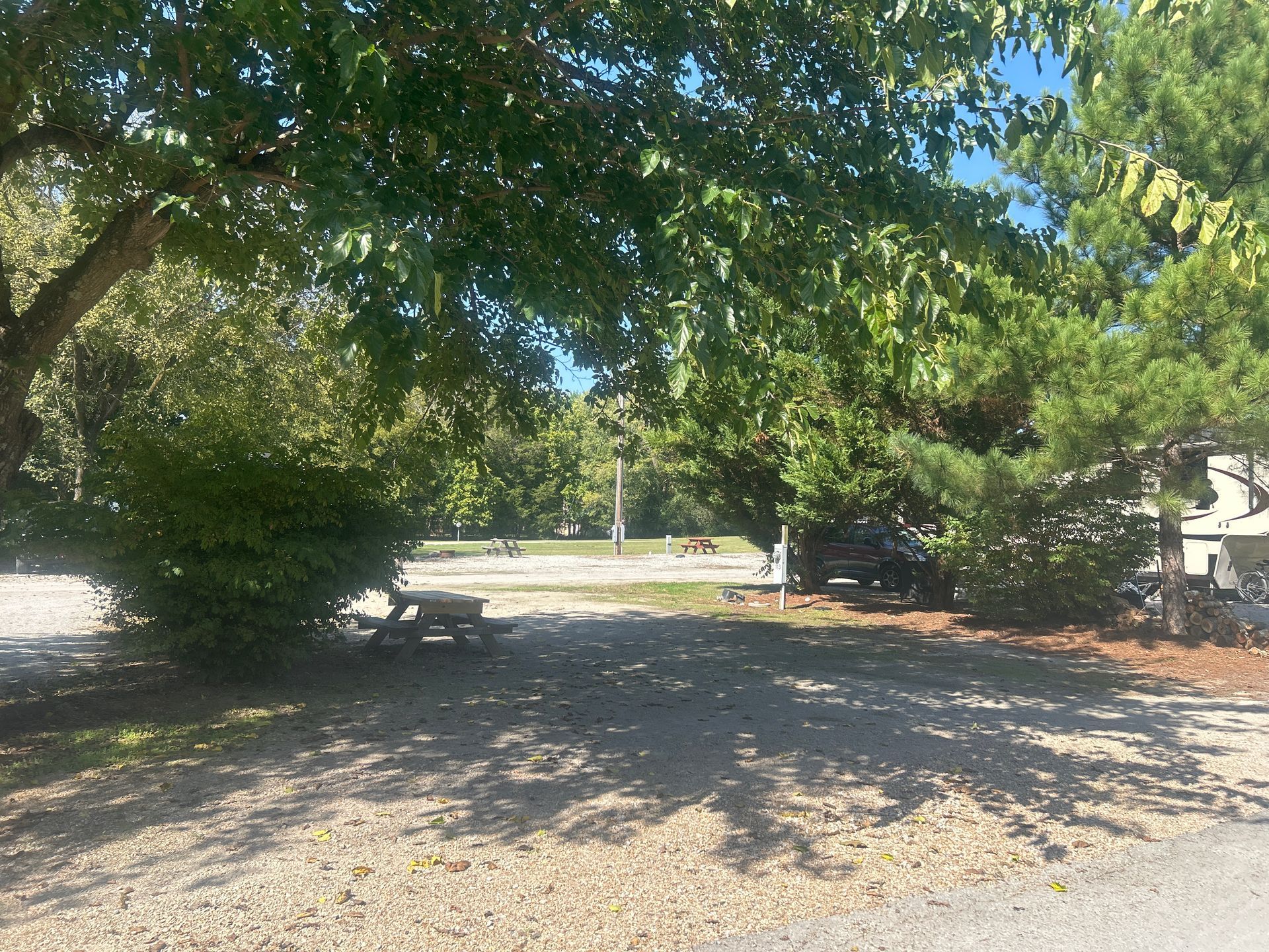 shaded pull through RV site full hookups