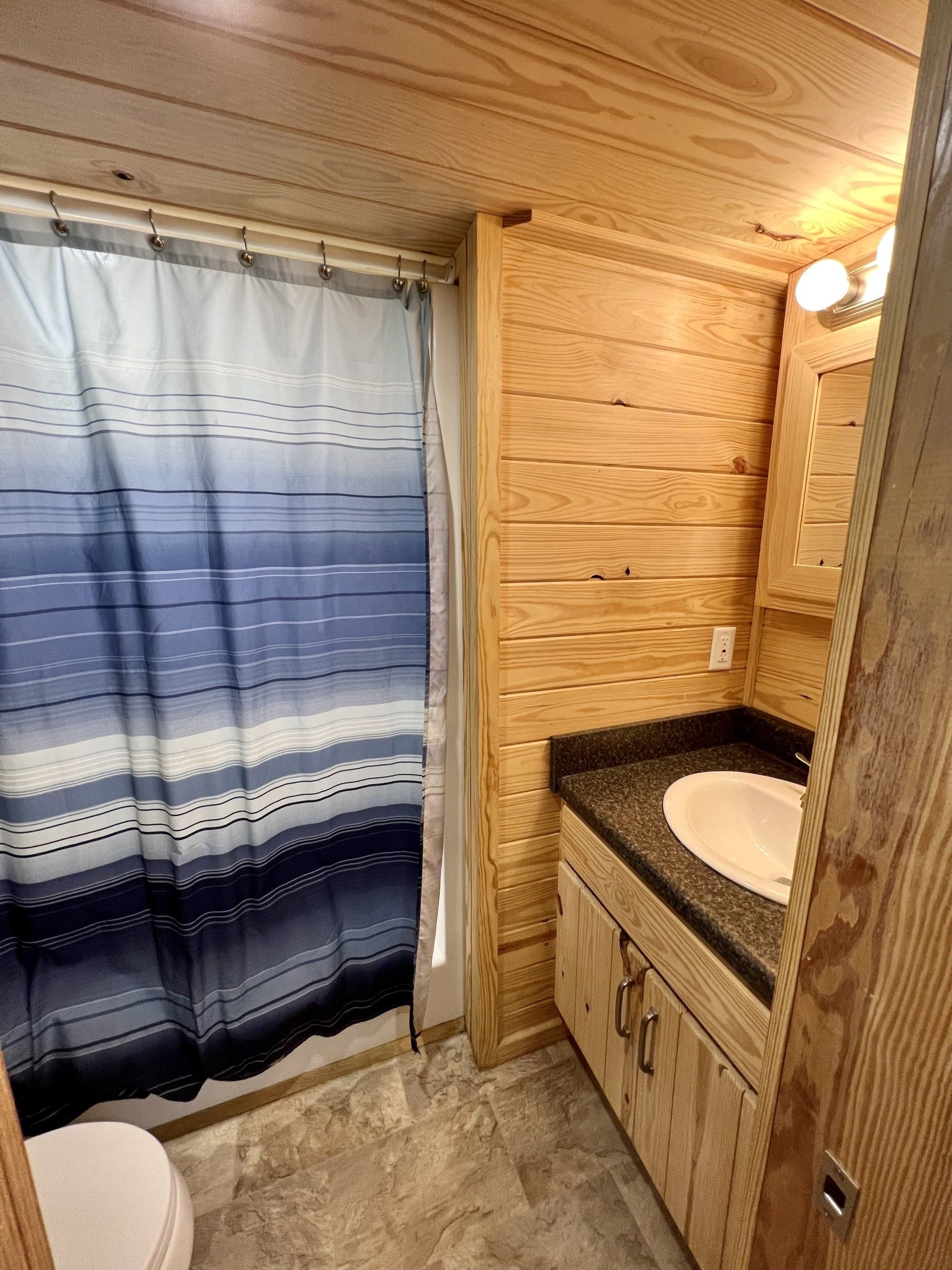 bathroom with a toilet , sink and shower curtain in zoo cougar cabin