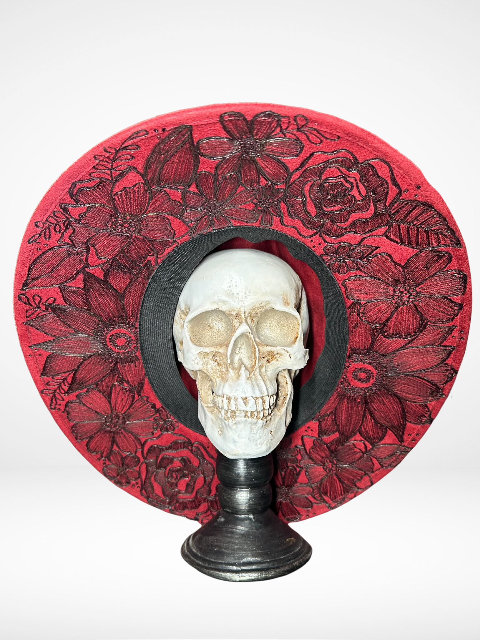 Red Hand-burned  Floral Fedora