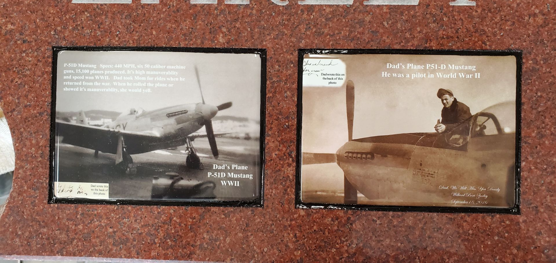 Two framed sepia photos of vintage aircraft on a red-speckled wall