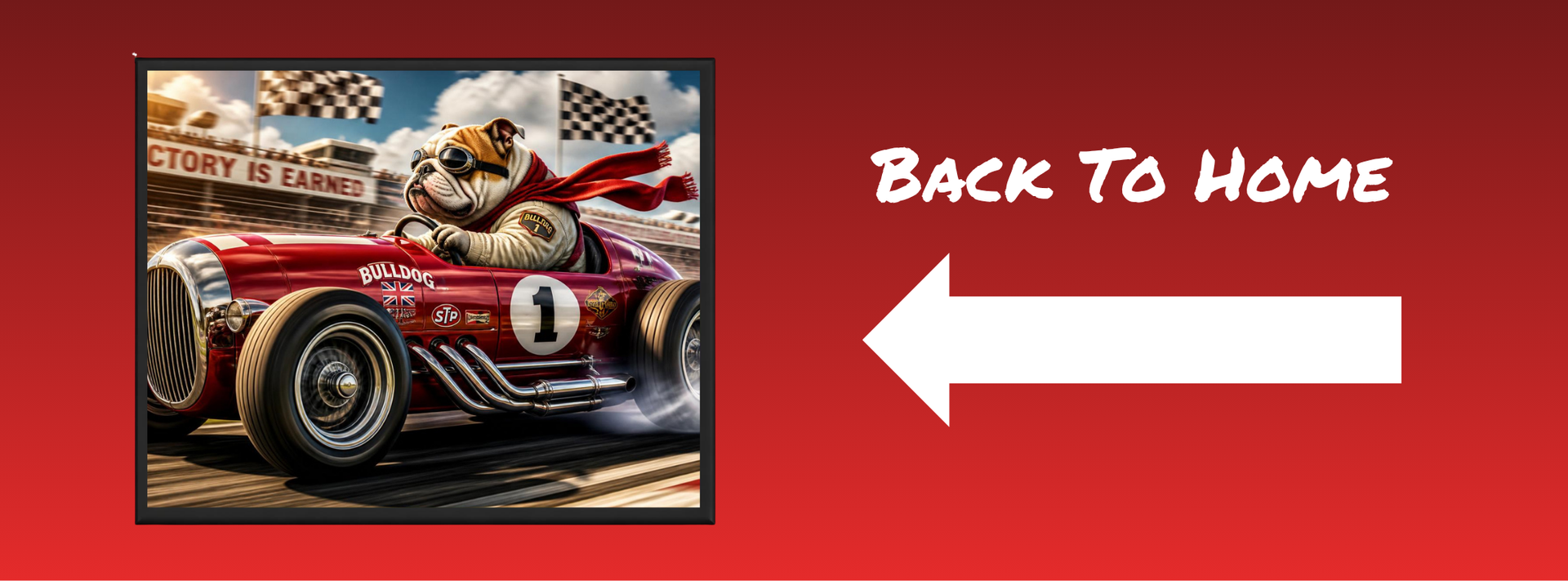 Red banner with a vintage race car and “Back to Home” text beside a left-pointing arrow.