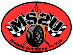 WS2U Mobile Services To You logo with a tire and red flame on a red oval background