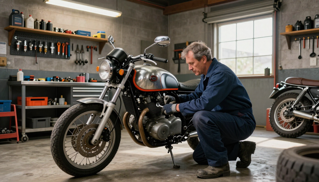 Mechanic kneeling beside a black-and-silver motorcycle in a garage workshop.