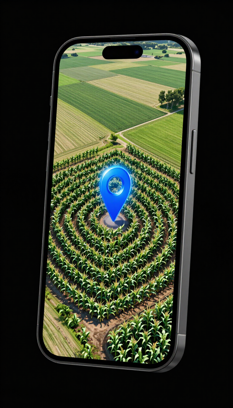 GPS navigation app showing live position in a corn maze